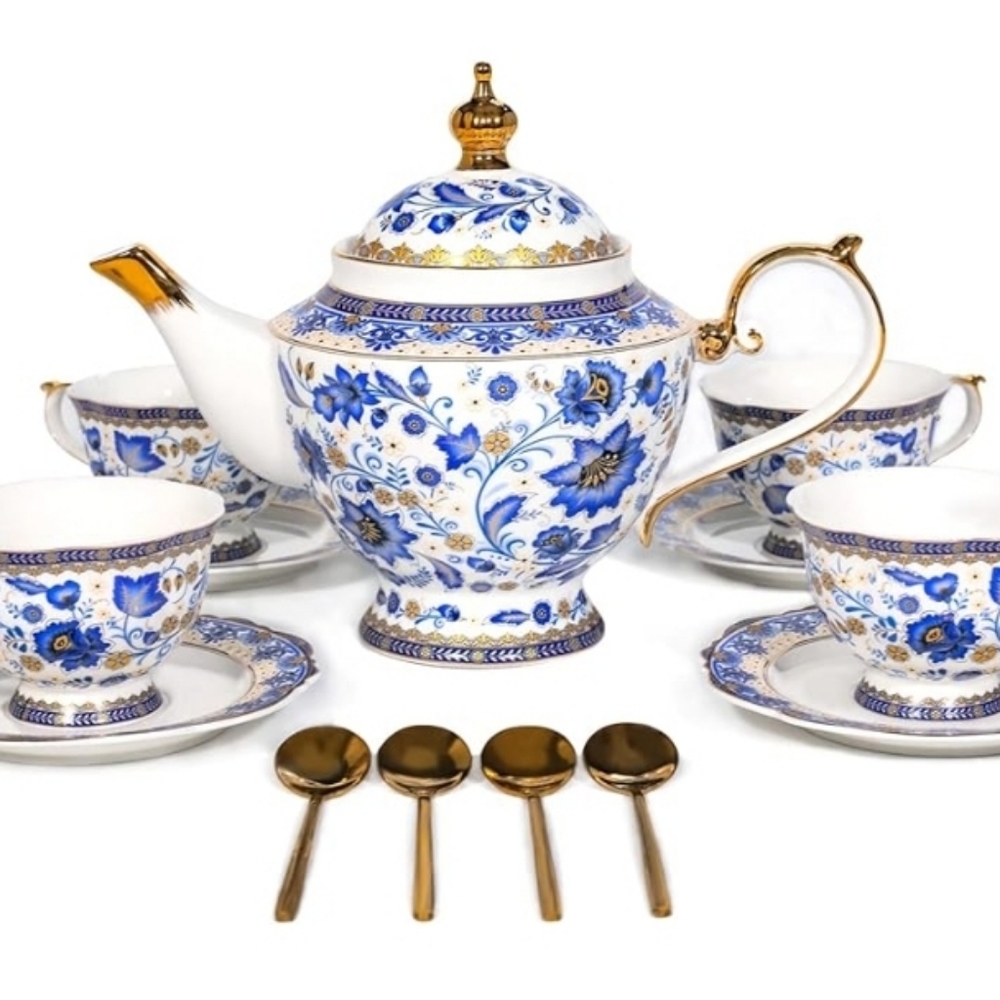 Elegant Blue and Gold Floral Tea Set